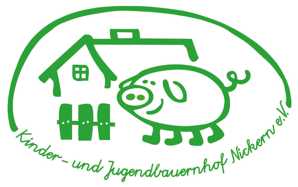 Logo des Kinder- und Jugendbauernhof Nickern e. V., im Comicstil ein Schweinchen vor einem Haus mit Zaun