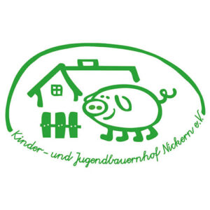 Logo des Kinder- und Jugendbauernhof Nickern e. V., im Comicstil ein Schweinchen vor einem Haus mit Zaun